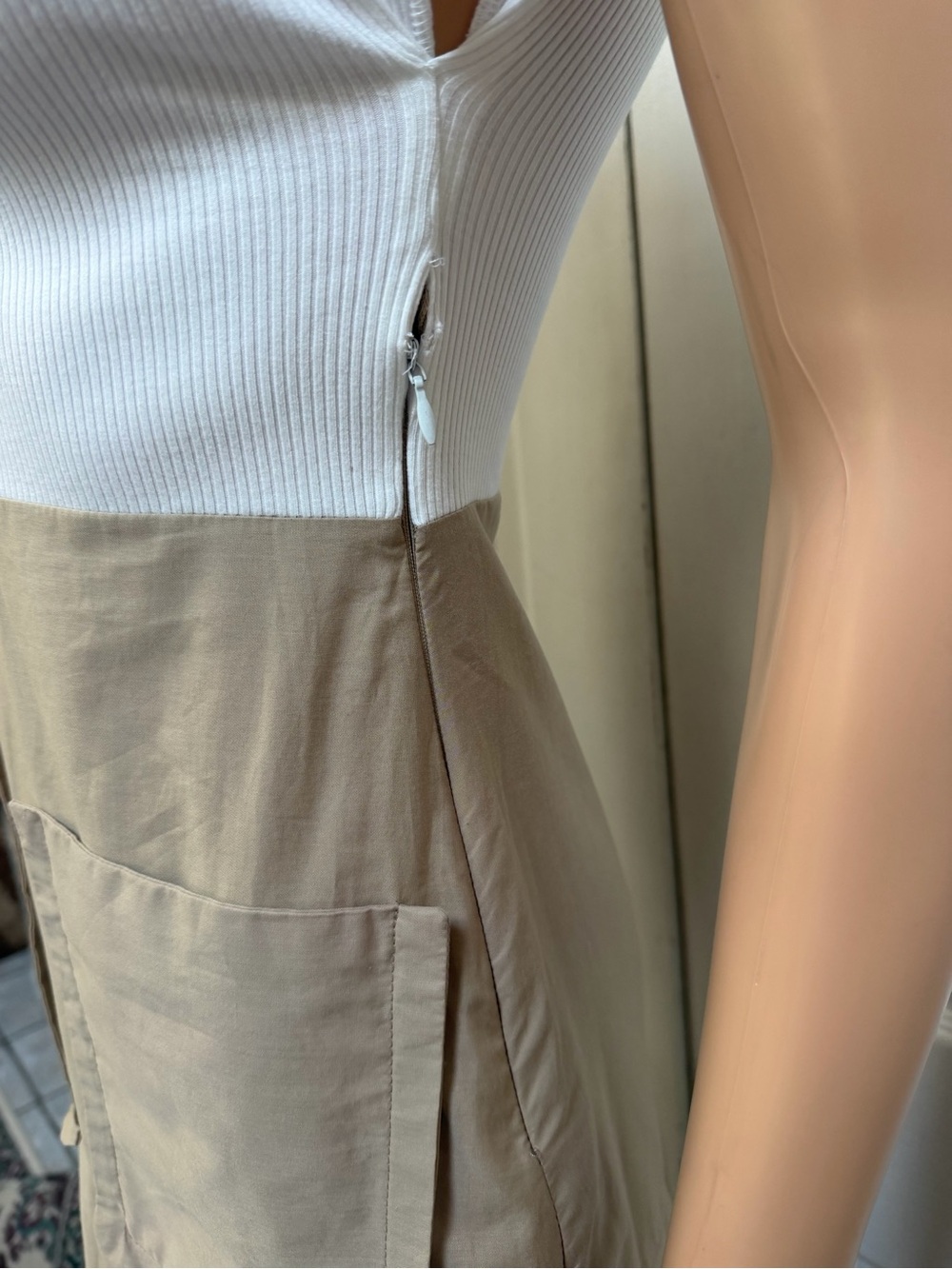 ZARA Midi Dress with Pockets Sleeveless Dress Beige Skirt, White Top Size Small - Picture 6 of 11
